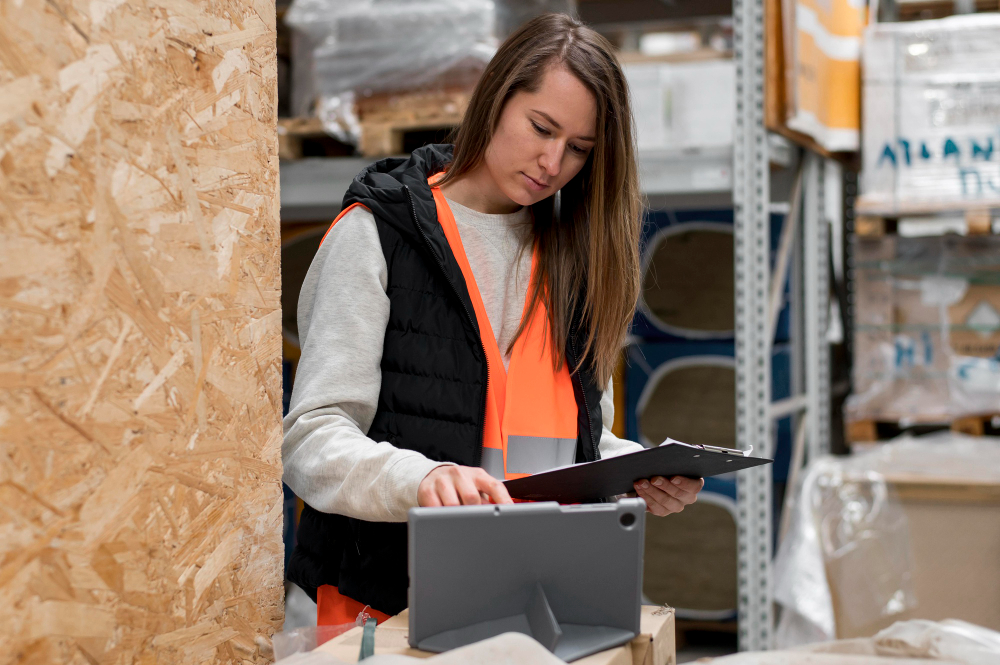 Persona revisando productos de un palet de devoluciones